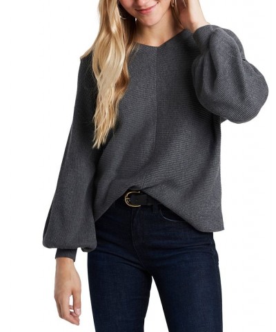 Women's Rib-Knit Bubble Sleeve Long Sleeve Sweater Gray $28.27 Sweaters