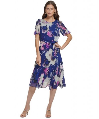 Women's Floral-Print Godet-Trim Midi Dress Blue/Raspberry $59.77 Dresses
