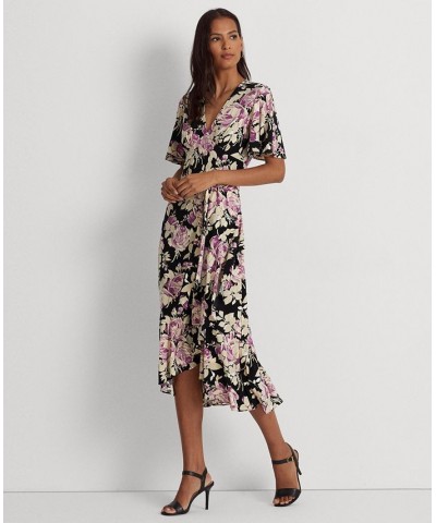 Women's Floral Belted Jersey Dress Black/Lavender/Cream $50.60 Dresses